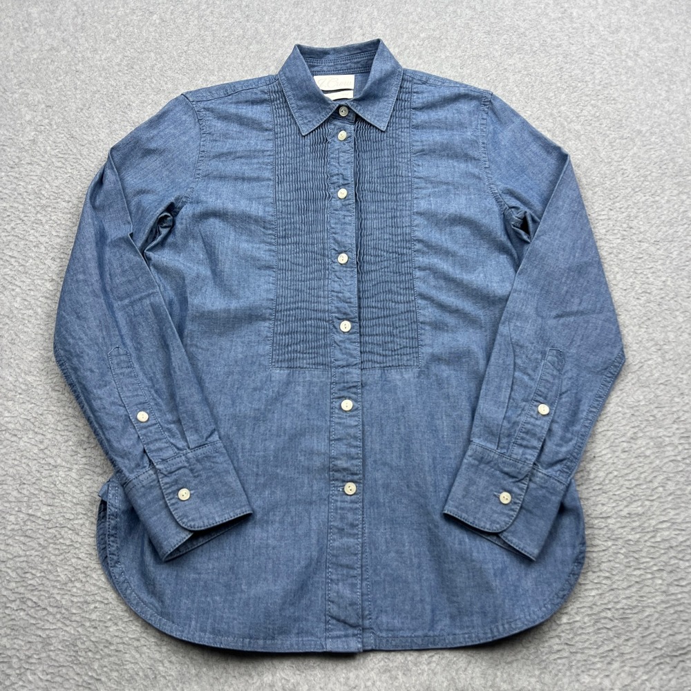 J.Crew Tuxedo Shirt Womens 00 Blue Chambray Slim Pintuck Pleated Button Up BA871